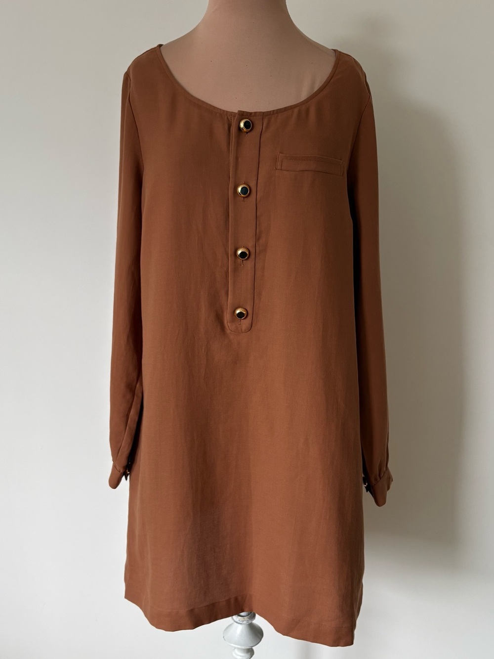 A.P.C. Rust Brown French Parisian Gold Buttons Cotton Popover Shift Dress NWT L